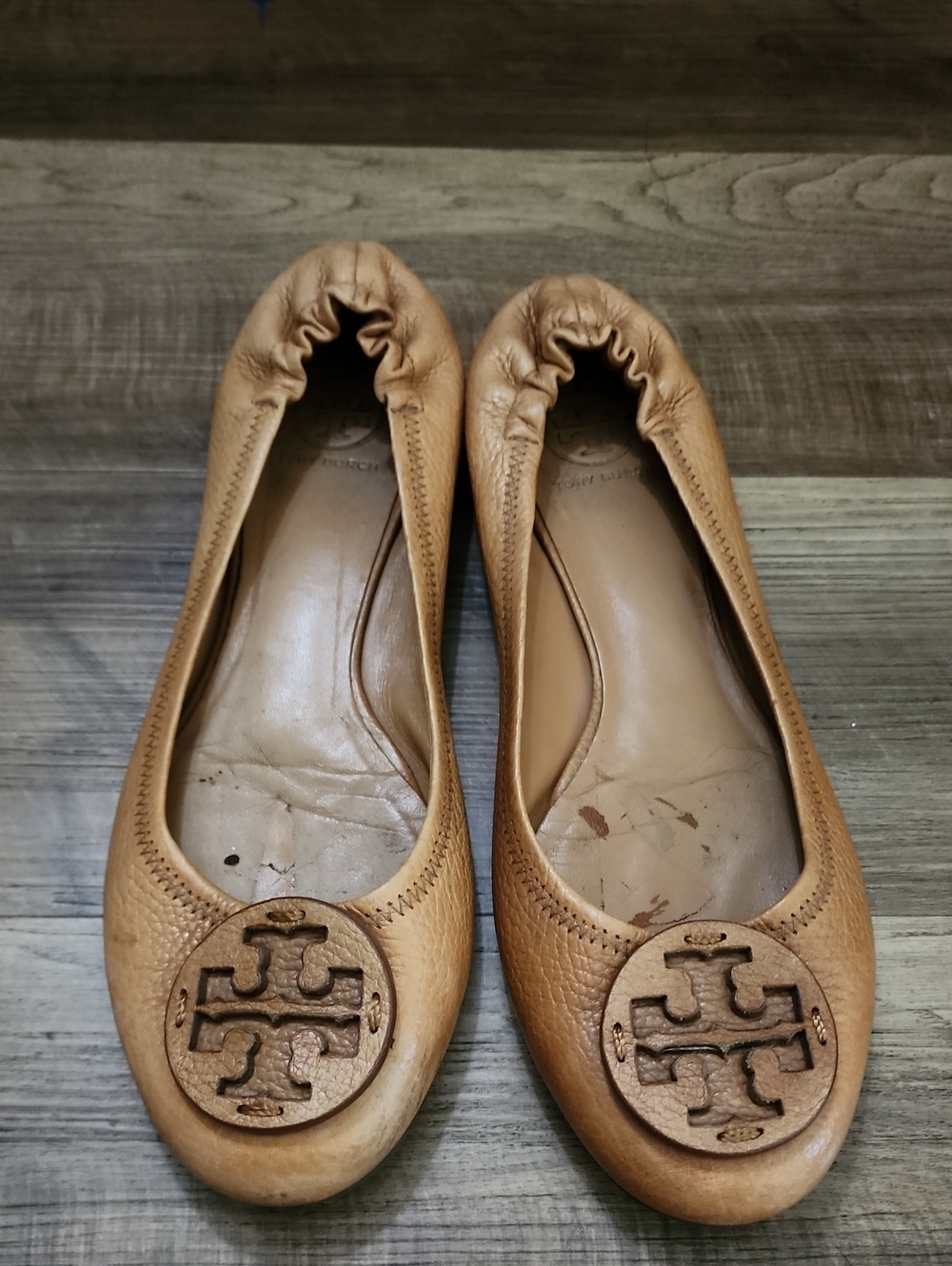 Tory Burch Cognac Leather Logo Ballet Flats